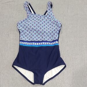 Lands' End Blue and White One Piece Swimsuit with Racerback NWT